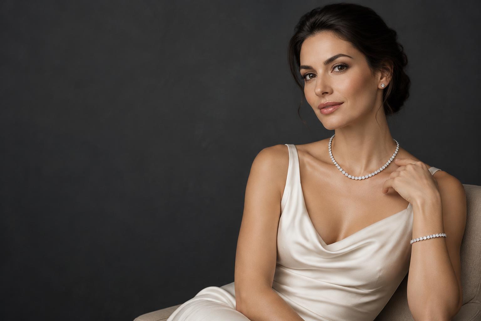 Woman wearing a diamond collier necklace and matching tennis bracelet